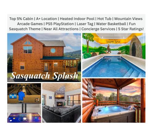 a collage of pictures of a house with a swimming pool at Sasquatch Splash Premier Private Pool Cabin with Hot Tub, Mtn Views, Arcade Games, Excellent Location in Pigeon Forge