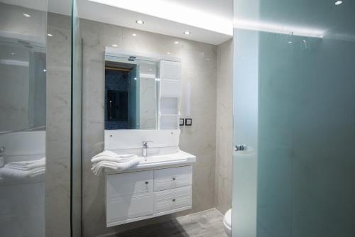 a bathroom with a sink and a mirror and a shower at Βίλα Αοιδή in Galaxidi