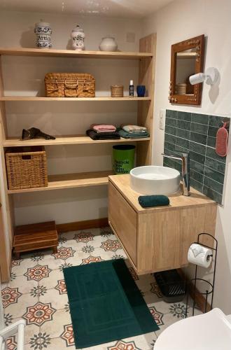 a bathroom with a sink and a counter with a mirror at Les chambres de La Serre in Camarès
