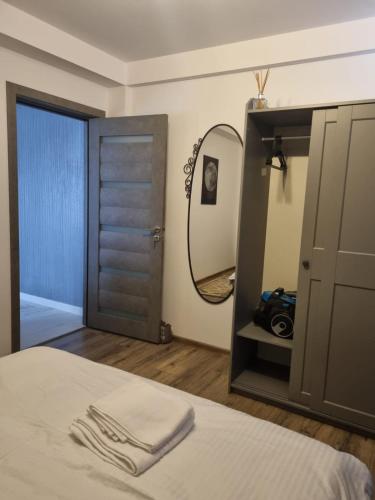 a bedroom with a bed with a mirror and a door at ApuLux Apartments in Alba Iulia