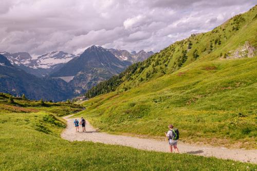 Eine Gruppe von Menschen, die einen Pfad in den Bergen entlanggehen. in der Unterkunft Dormio Resort Les Portes du Mont Blanc in Vallorcine