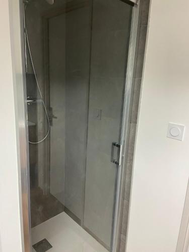 a shower with a glass door in a bathroom at location appartement neuf dans maison in Aix-les-Bains
