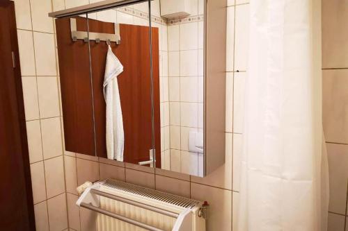 a bathroom with a mirror and a towel rack at Ferien- & Monteurwohnung, 5 Betten, WLAN, Parkplatz, Balkon in Nonnendorf