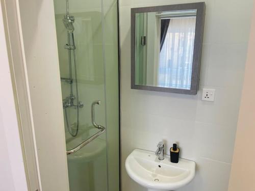 a bathroom with a sink and a shower with a mirror at Luxe Flat Light in Mama