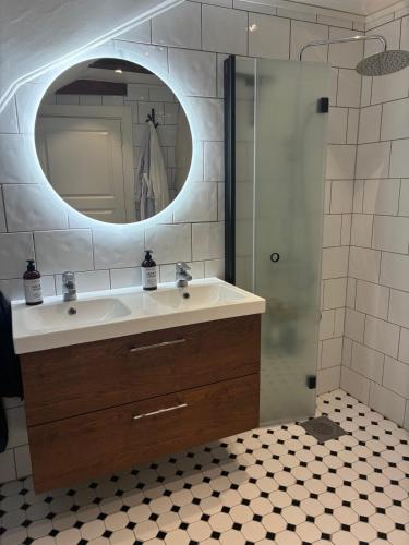 a bathroom with a sink and a mirror at Fiskargränden, Landskrona in Landskrona
