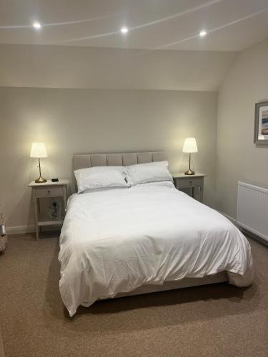 a bedroom with a large white bed with two lamps at Brocklamont cottage in Ballymena