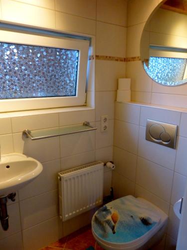 a bathroom with a toilet and a sink and a window at Haus Berger in Bad Reichenhall