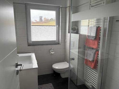 a white bathroom with a toilet and a window at Ferienwohnungen Hafenwerk in Braunsbedra