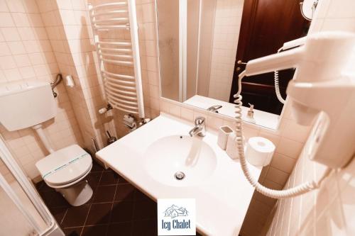 ein Badezimmer mit Waschbecken, Toilette und Spiegel in der Unterkunft Icy Chalet in Predeal