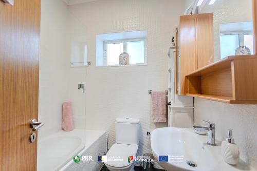 a bathroom with a toilet and a sink and a shower at Vagabond Mermaid Guesthouse in Ponta Delgada