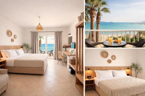 a hotel room with two beds and a balcony at Nel Mare Studios in Laganas