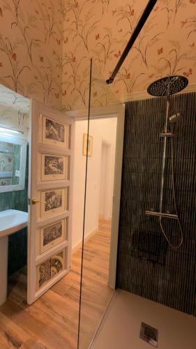 a bathroom with a walk in shower and a glass door at Apartamento Banesto in Chinchón