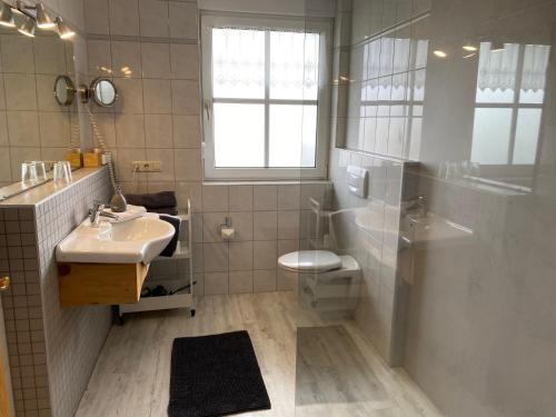 a bathroom with a sink and a toilet and a shower at Gästehaus Frankenwaldhof in Bad Steben