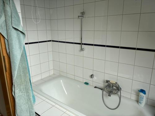 a bath tub in a tiled bathroom with a shower at Beim Schlangenkönig in Straupitz