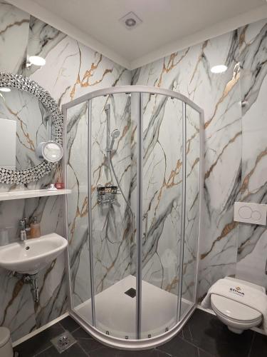 a bathroom with a shower and a toilet and a sink at Stopa Art Residence in Šempeter pri Gorici