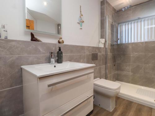 a bathroom with a sink and a toilet and a shower at The Old Stables in Colwyn Bay