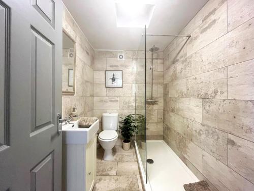 a bathroom with a toilet and a sink and a shower at 2 Bed in Holyhead oc-81515 in Caeʼr-geiliog