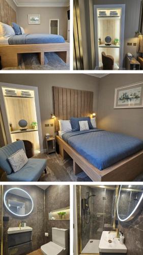 two pictures of a bedroom with a bed and a bathroom at Rose Villa in Oban