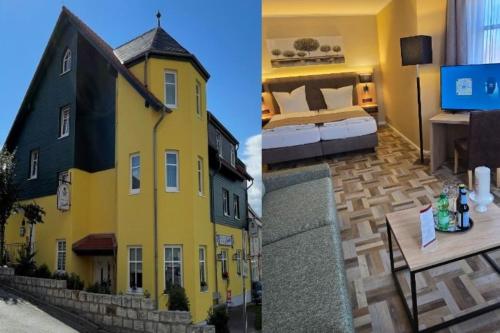 two pictures of a yellow house and a bedroom at Hotel & Restaurant Landgasthaus Zander in Blankenburg