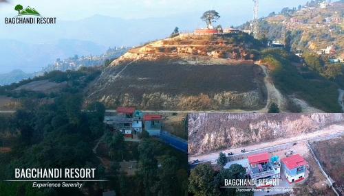 two pictures of a hill with a house on it at Bagchandi resort in Kathmandu