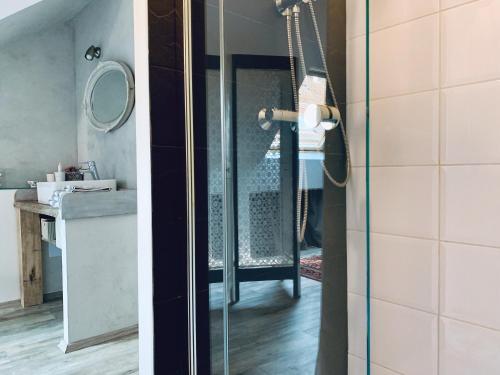 a shower with a glass door in a bathroom at L'Atelier des dépendances in Lipsheim