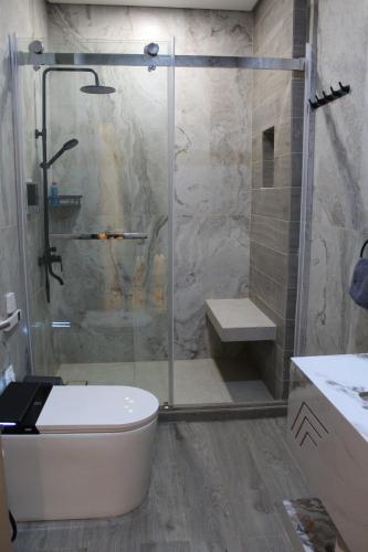 a bathroom with a shower and a toilet and a sink at two seasons hotel in Bangui