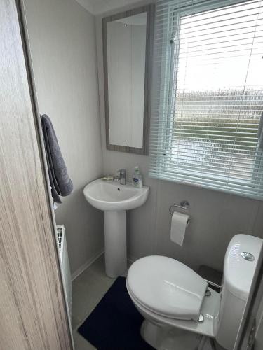 a bathroom with a white toilet and a sink at Polls Place in Caernarfon