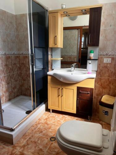 a bathroom with a shower and a toilet and a sink at Blissful Hostel in Shkodër