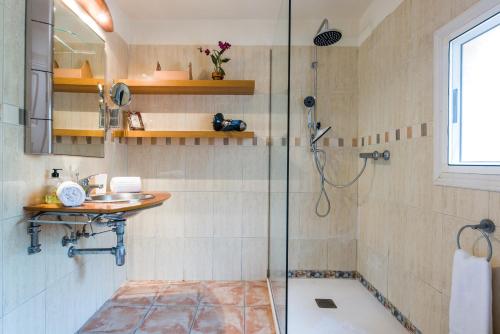 a bathroom with a shower with a glass shower stall at Casa Julia Finca Montimar in Guía de Isora