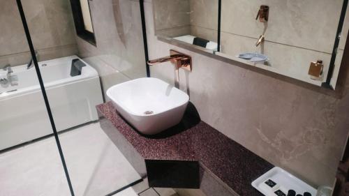 a bathroom with a sink and a toilet in it at Hotel Avnish Near To Tajmahal in Agra