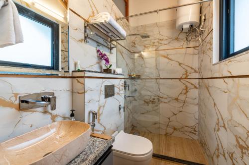 a bathroom with a sink and a toilet at Summerfield Manor 5 Bedroom Garden Estate in Bhīm Tāl