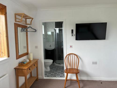 a bathroom with a toilet and a television on a wall at Buttof Lewis B&B in Lionel