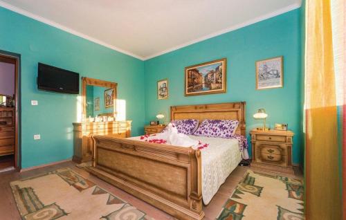 a bedroom with a bed with blue walls and a television at House Back to nature in Drniš