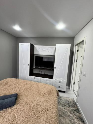 a bedroom with a large bed and a tv at Apartaments Briceni city in Briceni