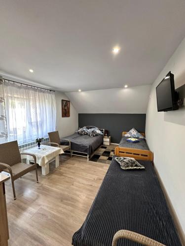 a living room with two beds and a couch at Agroturystyka Pod Lasem na Roztoczu in Sochy