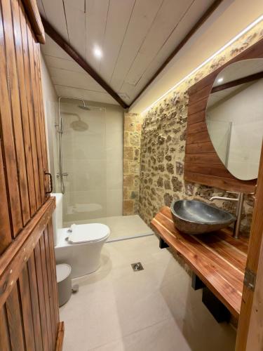 a bathroom with a sink and a toilet and a mirror at Eleon apartments in Kalamata