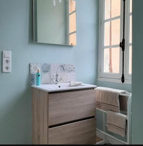 a bathroom with a sink and a mirror at La P'tite Place in Les Arques