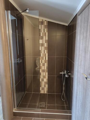 a shower with a glass door in a bathroom at Villa Emily in Nikiti