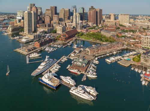 an aerial view of a harbor with boats in the water at Boston Yacht Haven in Boston