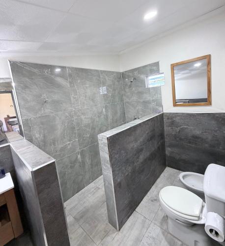 a bathroom with a shower and a toilet and a sink at Paz en las sierras in José de la Quintana
