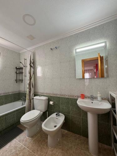 a bathroom with a toilet and a sink and a mirror at Apartment Vicente casa 119 in Torrevieja