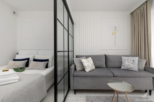 a living room with a couch and a gray couch at Baltini Premium Apartament Kasprowicza 20 A-B z basenem, saunami i jacuzzi in Kołobrzeg