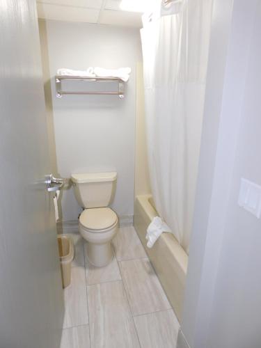 a bathroom with a toilet and a shower curtain at Days Inn by Wyndham Effingham in Effingham