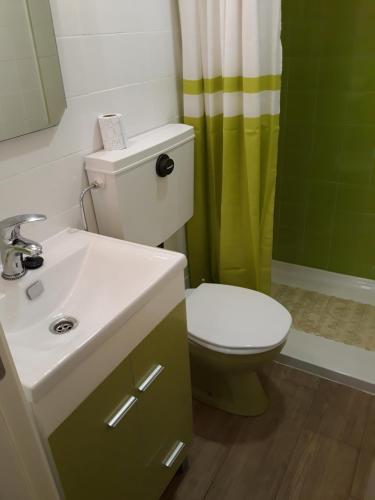 a bathroom with a toilet and a sink and a shower at Casa da Miquinhas II in Ponte da Barca