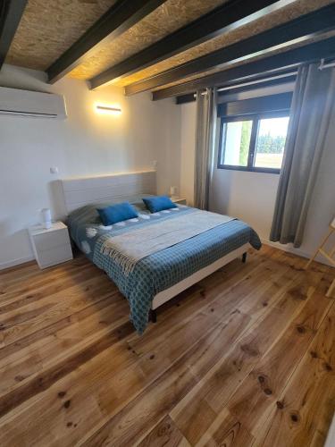 a bedroom with a bed with blue pillows on it at Aigues-Vives Appartement in Aigues-Vives