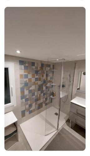 a bathroom with a glass shower with a sink at Maison des chateaux in Bléré