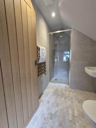 a bathroom with a shower and a toilet and a sink at The Curious Pig in the Parlour in Burstow
