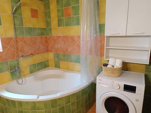 a bathroom with a tub with a washing machine at Apartman Novak in Samobor