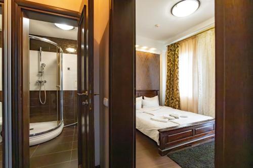 a bedroom with a bed and a shower and a tub at HARMONY Apart in Truskavets