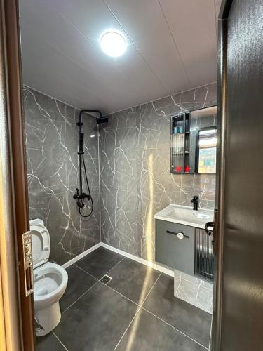 a bathroom with a toilet and a sink at Hill House Merisi in Merisi